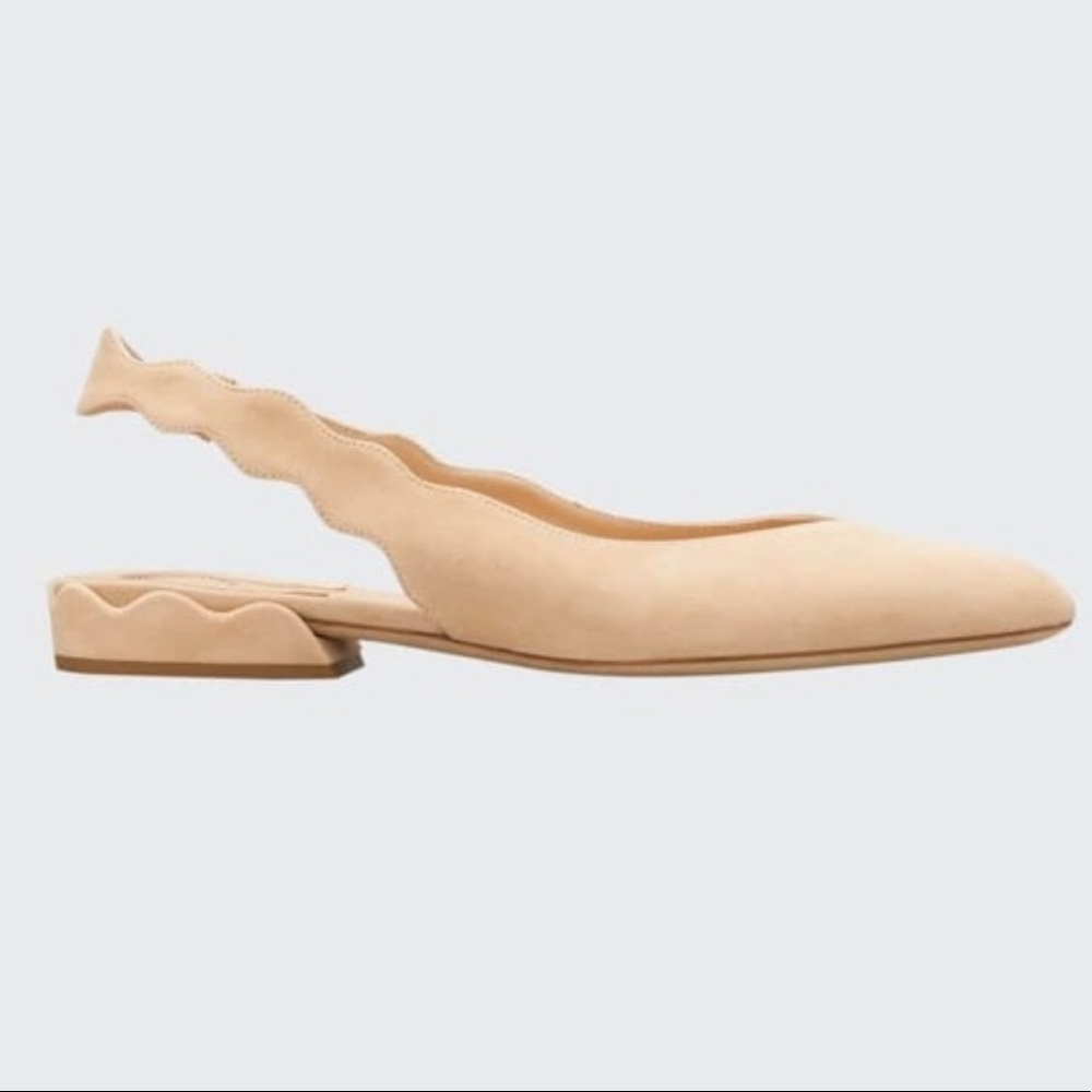 Chloe Lauren Scalloped Slingback Flat Sand Suede Size 38.5